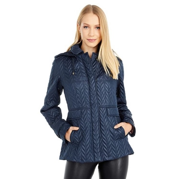 Kate Spade Quilted Herringbone Jacket Navy Blue - Picture 2 of 11
